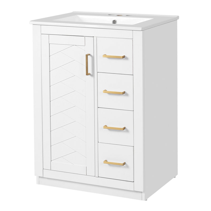 Meuble-lavabo 24 po avec lavabo intégré en céramique, meuble-lavabo simple avec 1 porte et 3 tiroirs pour salle de bain petite et moyenne