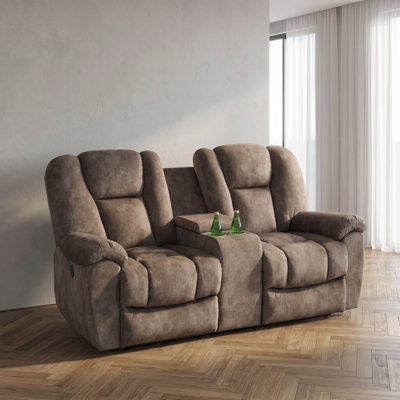 72‘’Brown Electric Recliner Loveseat with Console | Fabric Double Reclining Sofa with Cup Holders, LED Lights, USB Charging & Lumbar Support