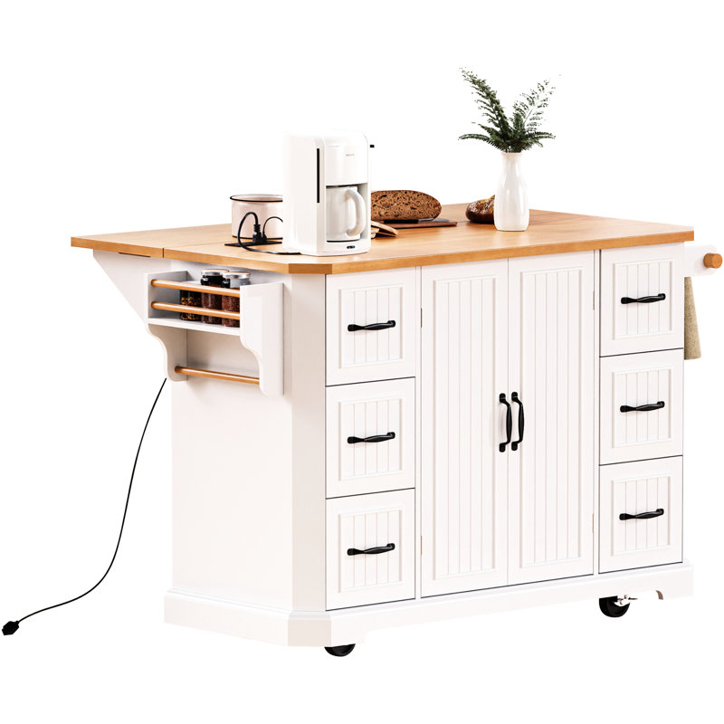 Kitchen Island With 4 Internal Storage , 6 Drawers, White Finish - Elegant 56 Inch Rolling Drop Leaf, Power Outlet, Door Shelves, Deep Spacious & Functional