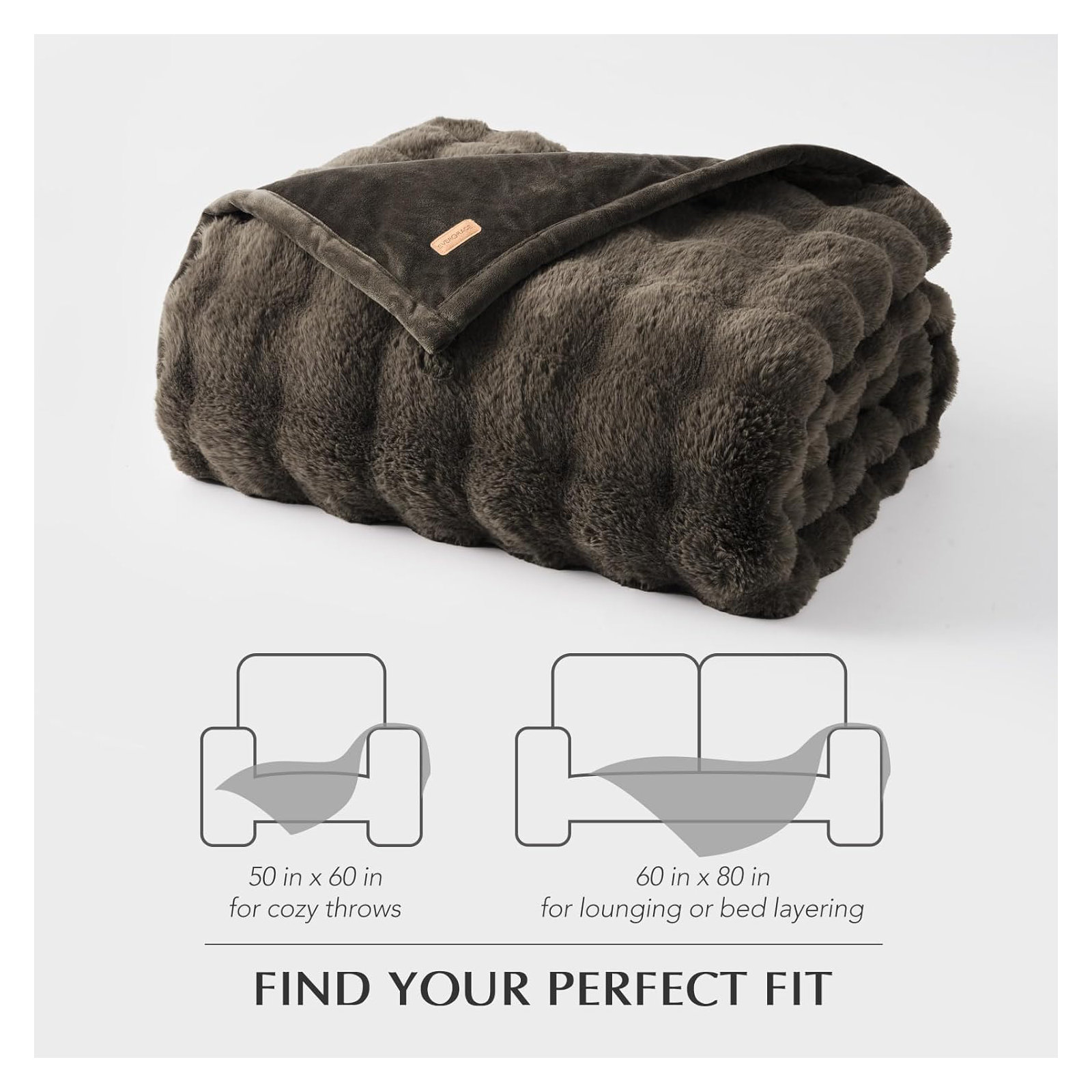 Ridgeline Faux Fur Throw Blanket, Dark Taupe, 90" L x 90" W