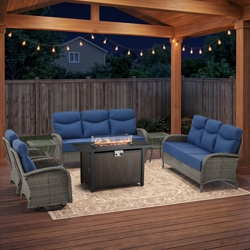 Ensemble de conversation pour foyer extérieur en osier 8 pièces avec canapé et chaises pivotantes 8 pièces, Bleu