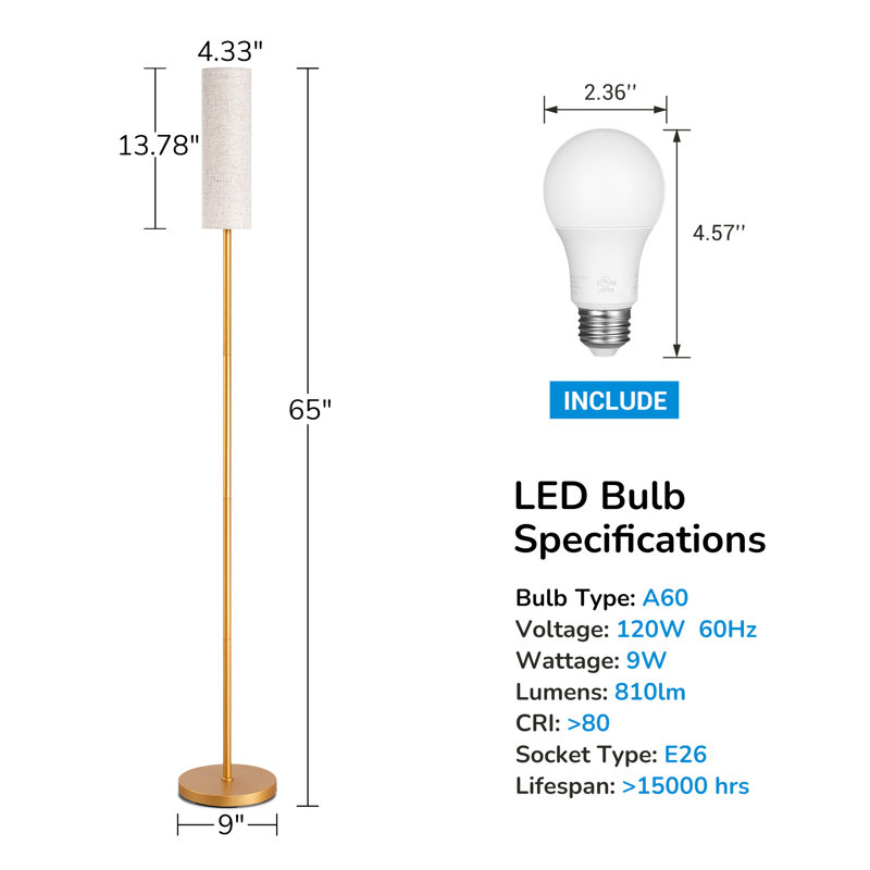 Smathering 65'' Traditional Floor Lamp with Remote Control and Bulb Included, Gold