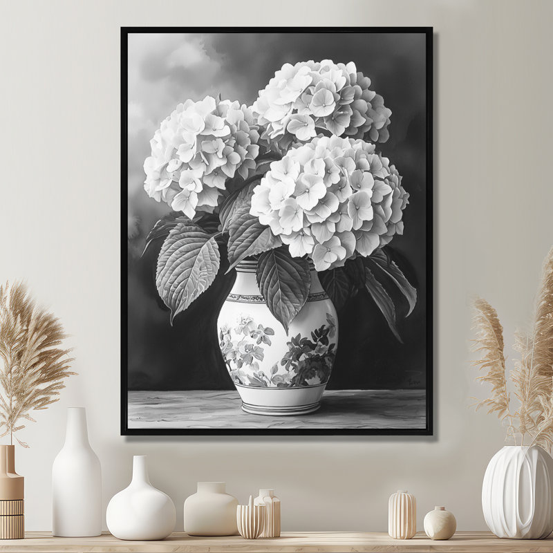 Hortensia dans un vase monochrome II, impression sur toile encadrée, Noir, Reproduction avec cadre flottant