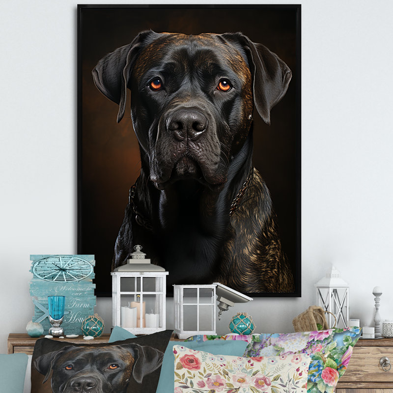 Dog Mastiff Majesty - Art mural sur toile, Cadre flottant noir, H 44 po x l 34 po x P 1,5 po