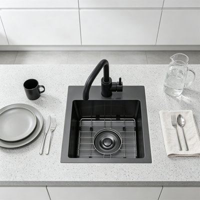 Évier de bar à cuve unique encastré de 38 x 38 cm (15 x 15 po) en acier inoxydable noir de calibre 16 avec grille