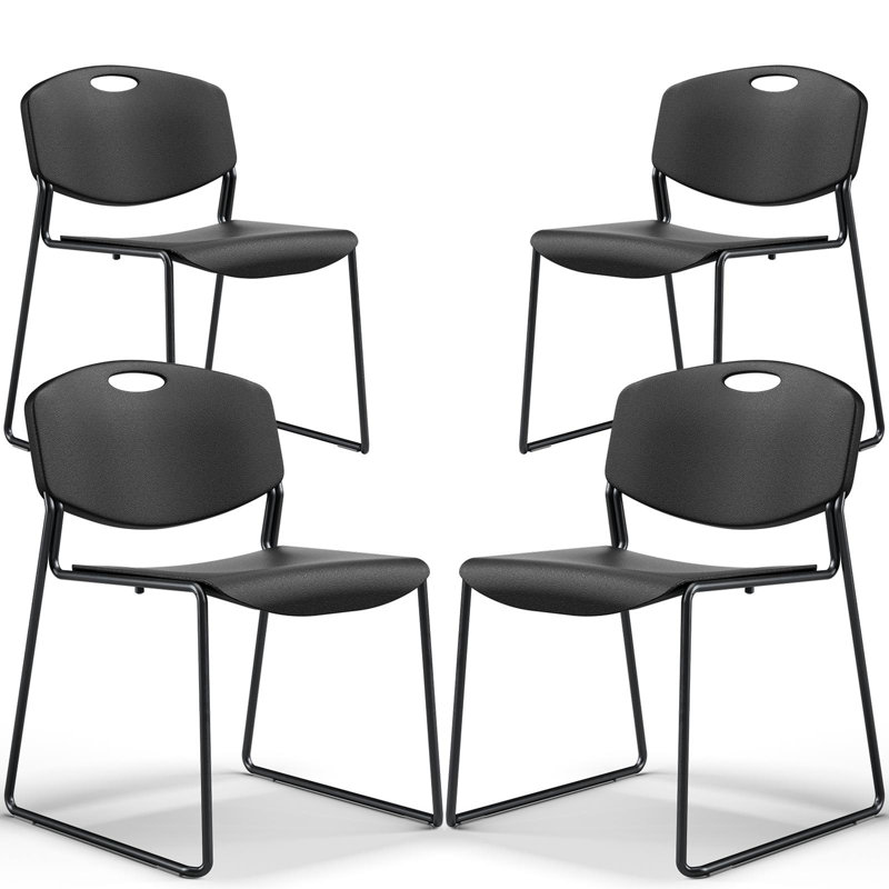 Ensemble de 4 chaises empilables en plastique, chaises de salle d'attente et de bureau robustes sans base à roulettes, polyvalentes pour salles de pause, salles de conférence, halls d'entrée - noir