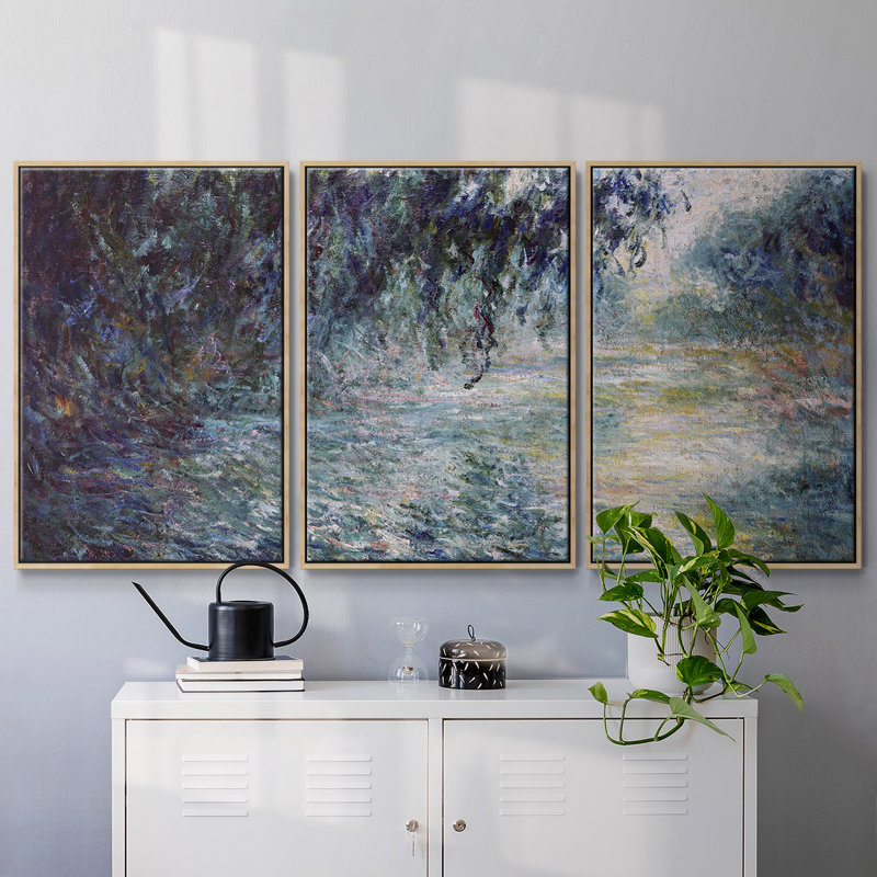 Ensemble de 3 pièces encadrées sur toile Monet, Encadré naturel, H 24 po x l 48 po x P 2 po