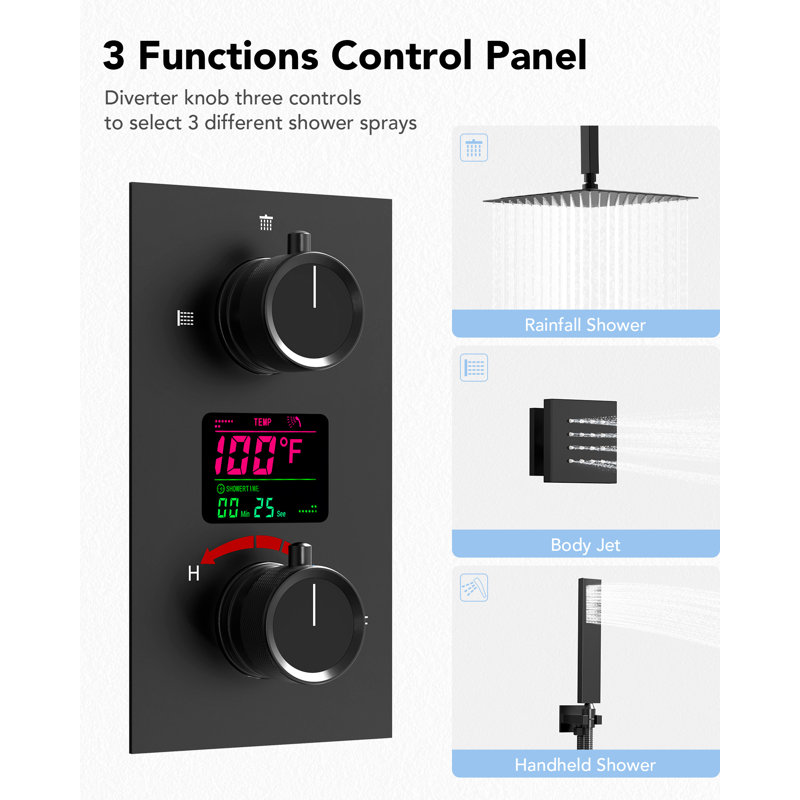 Digital Shower System 12" Pressure-Balanced Shower Faucet with Rough-in Valve, Matte Black