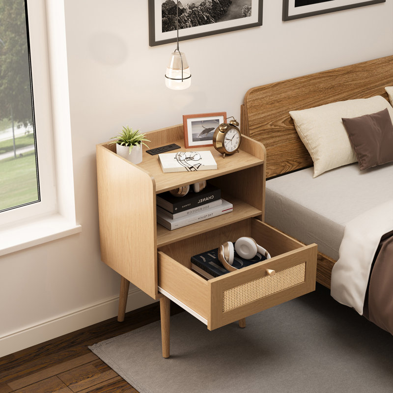 23.6'' Tall Drawer Rattan Nightstand with Charging Station, Yellow