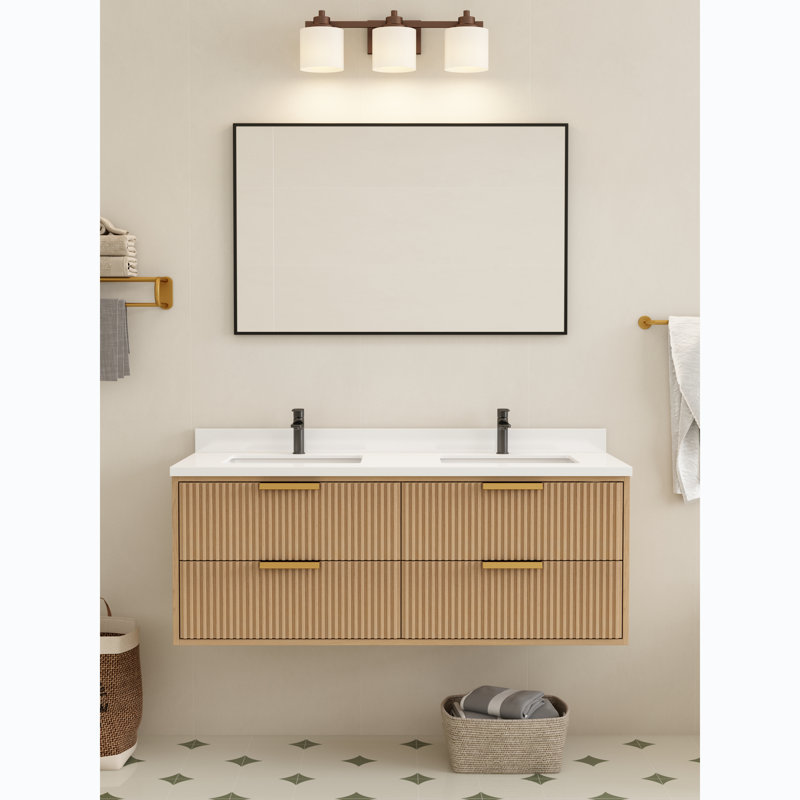Meuble-lavabo flottant 55 po avec double lavabo blanc Maxbano, Chêne, Doré