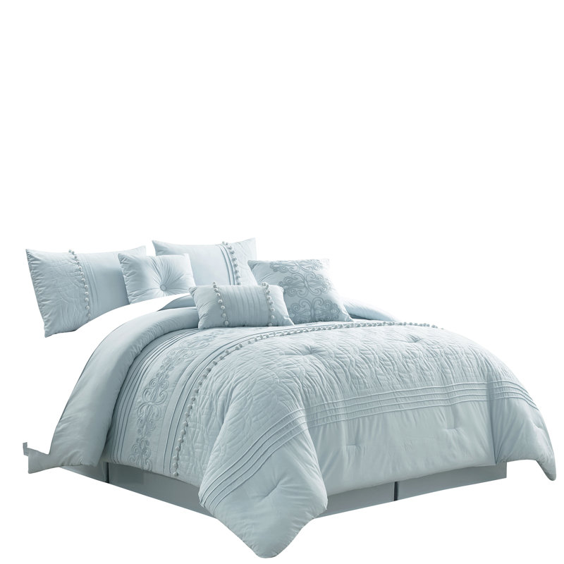 Modern & Contemporary Polyester Floral Comforter, King Comforter + 6 Additional Pieces, Pale Blue