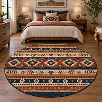 "Ultra Thin" 6' x 6' Ranch Star Diamond Bands Round Area Rug for Living Room, Bedroom and Home Office, Soft Low Pile Indoor Carpet with Non-Slip Silicone Backing