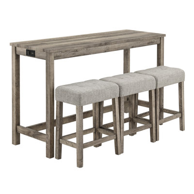 Bar Table Set With Power Outlet, Bar Table And Chairs Set, 4 Piece Dining Table Set, Industrial Breakfast Table Set, For Living Room, Dining Room, Game Room,