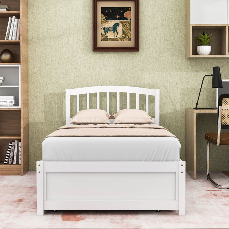 Lit plateforme simple en bois avec lit gigogne simple, Blanc