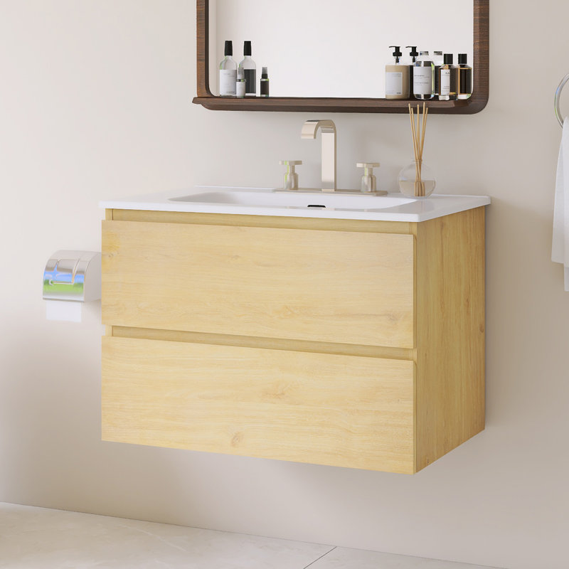 Meuble-lavabo mural simple avec comptoir intégré en céramique blanche, 30", Chêne