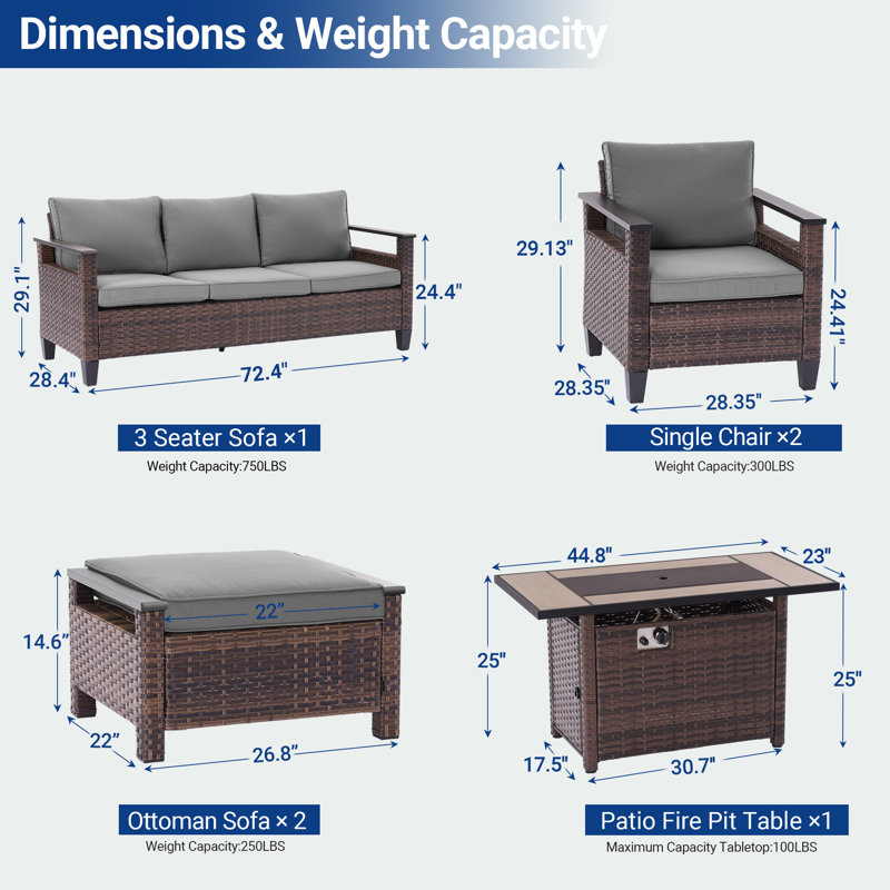 Ensemble de patio 6 pièces avec foyer extérieur de 45 po, canapé en rotin PE avec repose-pieds et structure robuste, Gris