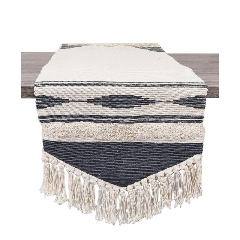 White Geometric Design Canvas Cotton Table Runner With Tassels 14" W X 71" L, Black
