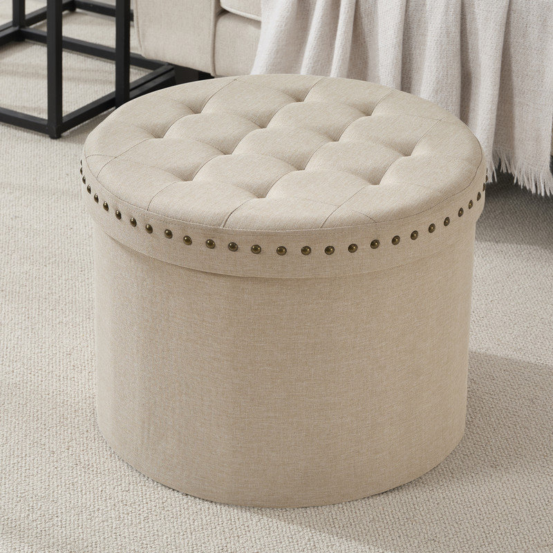 Large 20" Round Collapsible Storage Ottoman with Nailhead Trim for Living Room and Bedroom, Beige Linen