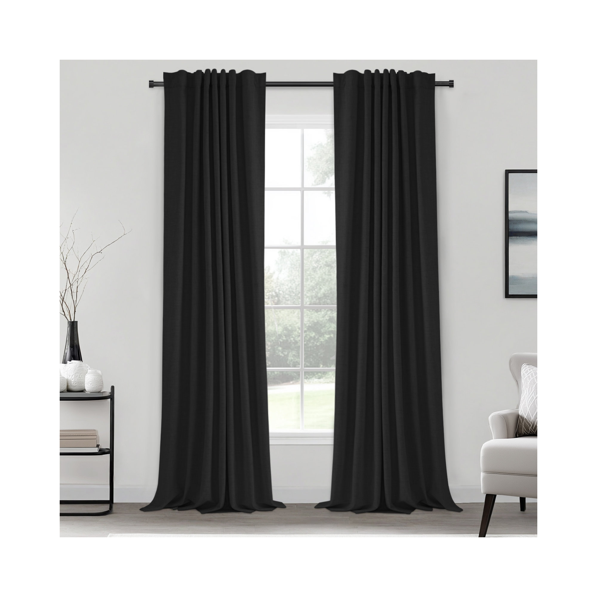 Graciella Thermal Insulated Faux Linen Textured 100% Blackout Curtains for Bedroom Living Room Back Tab/Rod Pocket, Black