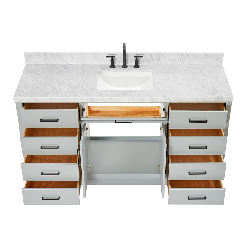 Tidworth 66'' Solid Wood Single Bathroom Vanity with 1.5'' Carrara Marble Top, Gray, Rectangular