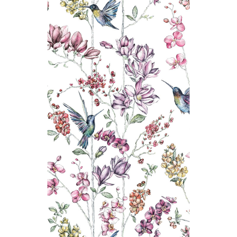 Rouleau de papier peint L 33 pi x l 21 po Findlay Hummingbirds, Multicolore / blanc