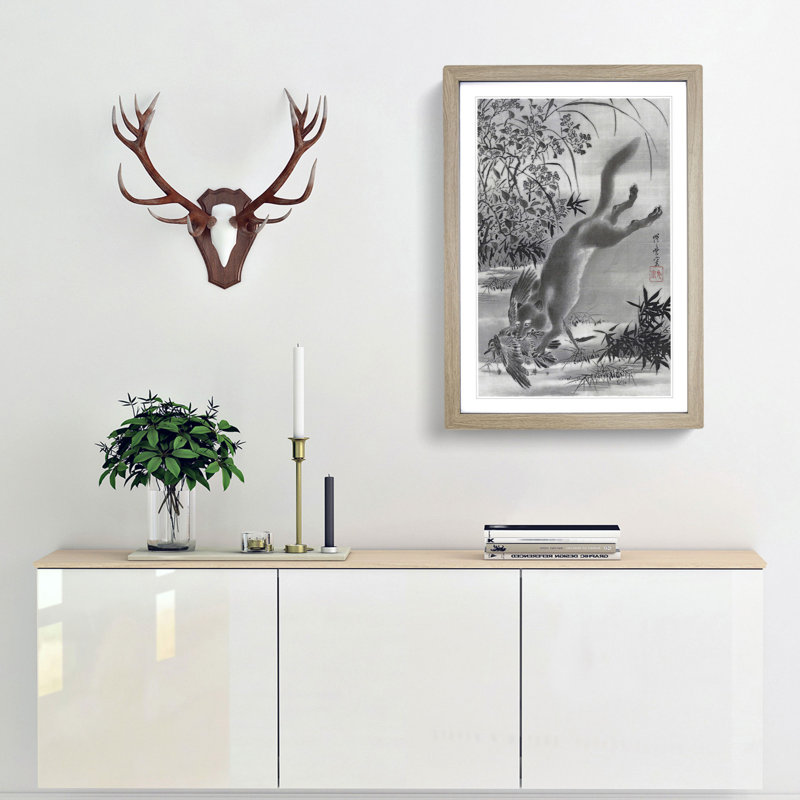 Fox Catching a Bird by Kawanabe Kyosai - Framed Print, Oak Framed, 65cm H x 48cm W x 2cm D