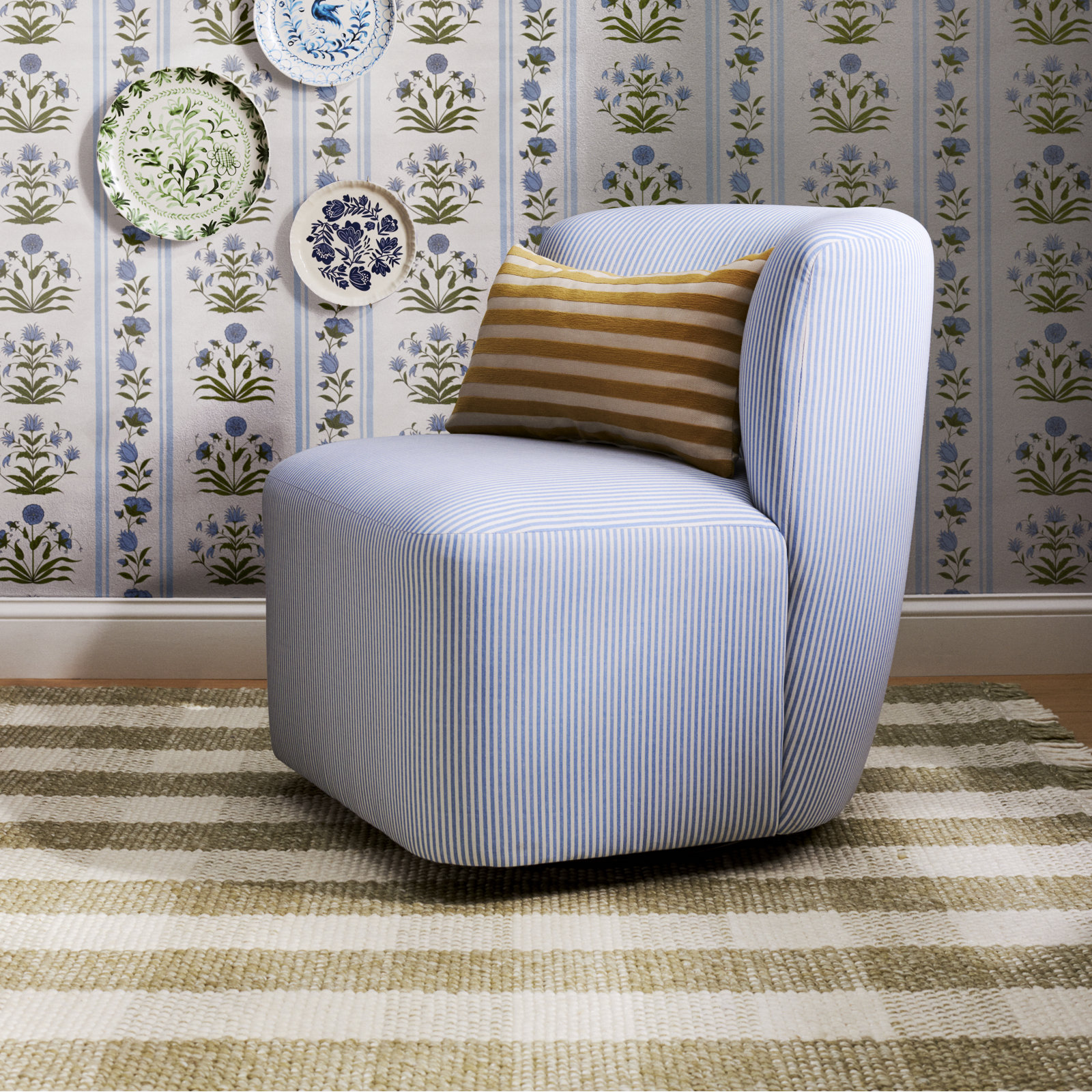 Mariza Swivel Slipper Chair, Prep Stripe Blue