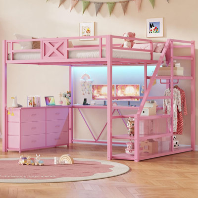 Full Size Loft Bed With Desk And Storage Stairs, Metal Loft Bed With 6 Storage Drawers, Hall Tree, Led Lights And Power Outlet For Kids Teens Adults, Pink