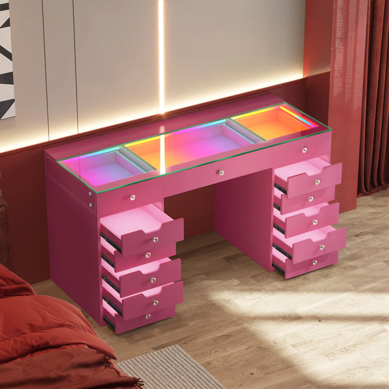 Makeup Vanity Desk HD Glass Top Built-in LED Light Strips Large 13 Drawers Diamond Handles USB and Type-C, Pink