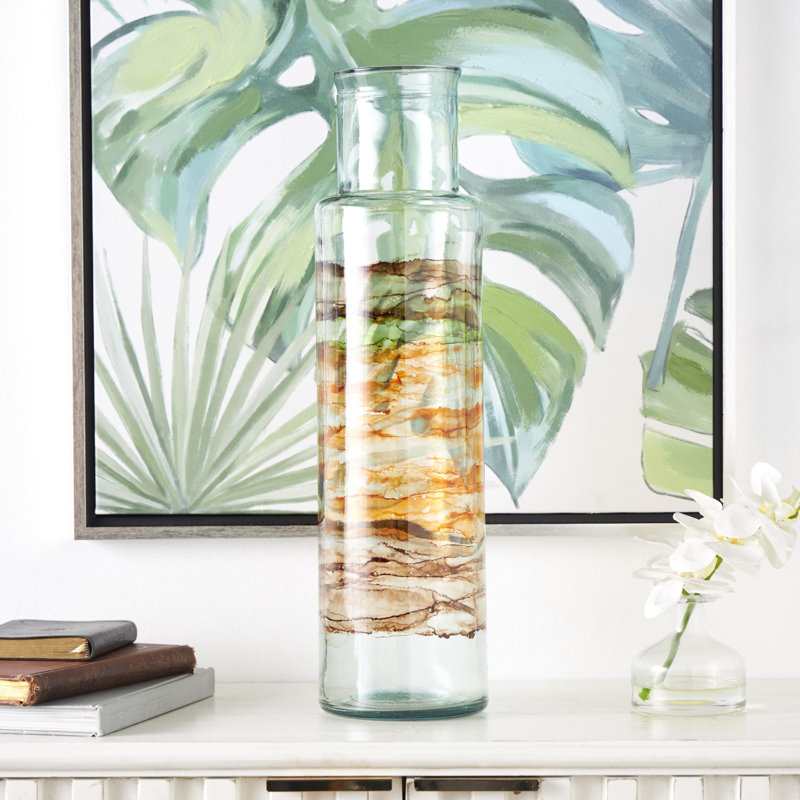 Donsha Recycled Glass Abstract Decorative Clear Vase with Swirled Colored Glass Bands, Multi-Color, 21.65"H x 5.65"W x 5.85"D