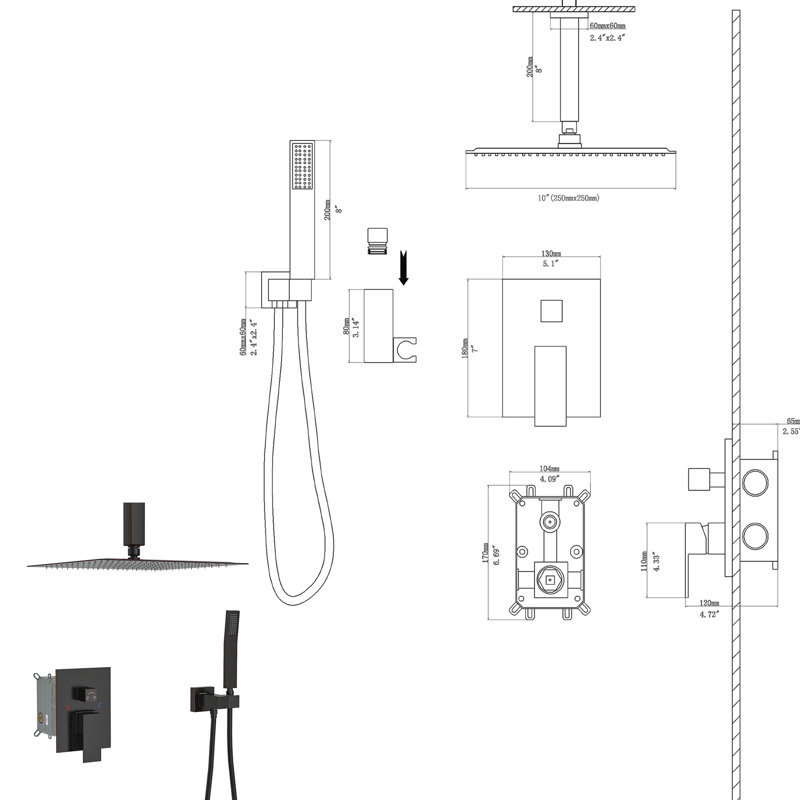 Shower System With Handheld - Stainless Steel Oil Rubber Bronze Finish Max Flow 1.8 Gpm Square Head, Black