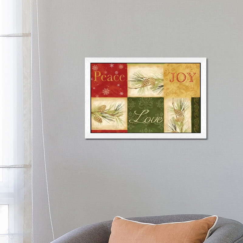 Peace Love Joy Pinecones by Cynthia Coulter - Floater Frame Print on Canvas, 101.6 cm H x 66.04 cm W, White