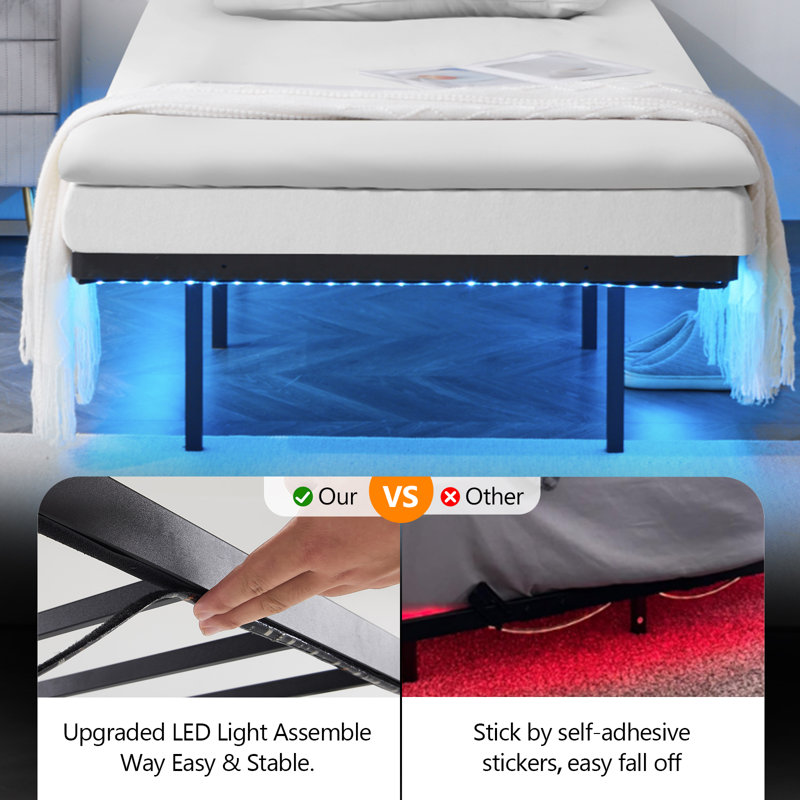 14 In. Floating Bed Frame With Usb Charging Station/Led Light, Twin