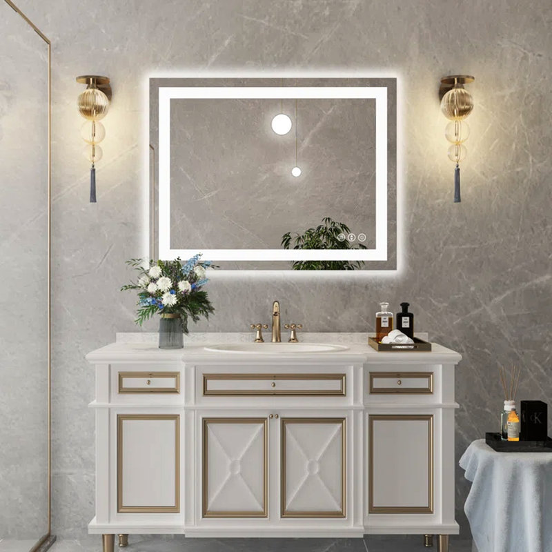 Miroir mural 36 po x 28 po avec fonction de brouillard, couleur à intensité variable, bandes à double DEL, éclairage super clair à fixation horizontale / verticale, réglages, fixation pour espaces humides