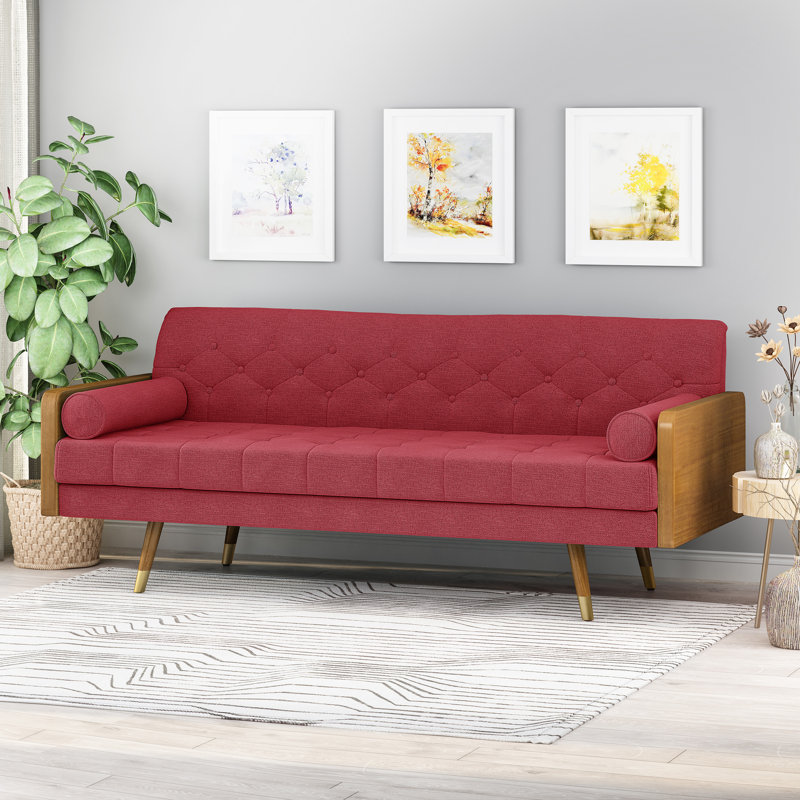 Bel-Air 72.2" Mid Century Modern Tufted 3 Seater Sofa with Bolster Pillows, Red Polyester