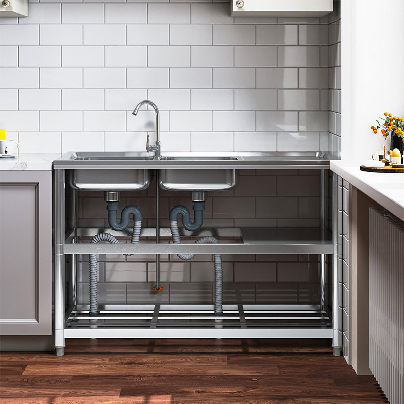 Belfry Kitchen Bevilacqua 500mm W Double Bowl Stainless Steel Freestanding Kitchen Sink with 2 Faucet Holes
