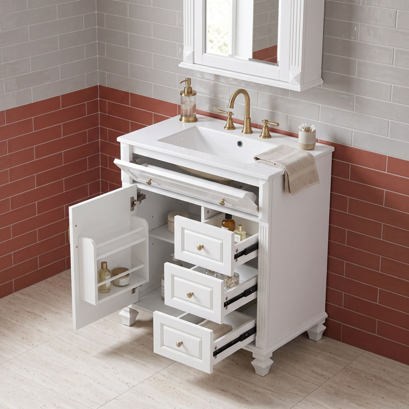 Meuble-lavabo autoportant avec comptoir en céramique, tiroir de rangement escamotable, tablette réglable et support de porte