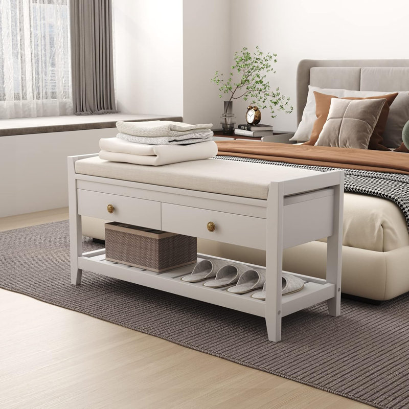 Table de bout rembourrée avec tiroirs de rangement et range-chaussures Etom, Blanc