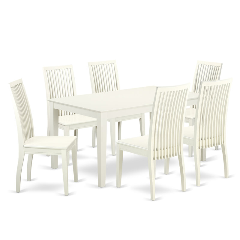 7 Piece Modern Dining Table Set Consist of a Rectangle Wooden Table and 6 Dining Room Chairs, 36x60 Inch, Linen White, No