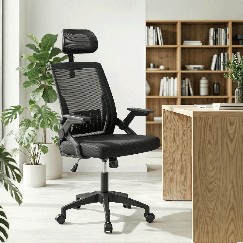 Chaise de bureau ergonomique en filet, chaise de travail roulante avec appui-tête réglable, accoudoirs rabattables et support lombaire