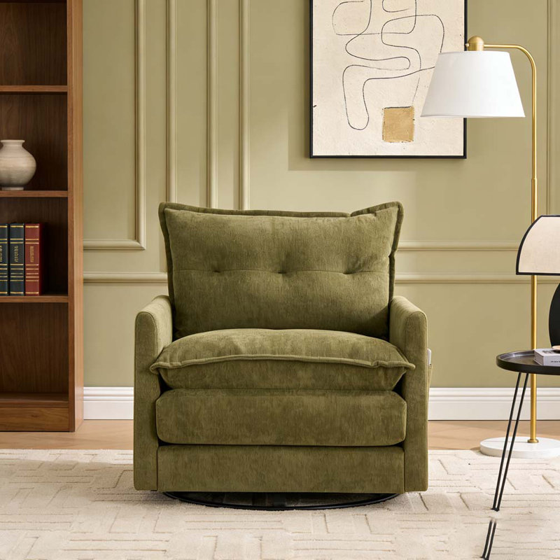 Thick Padded Arm Chair with Solid Metal Base, Comfortable Single Sofa Chair, Swivel Accent Chair, Olive Green