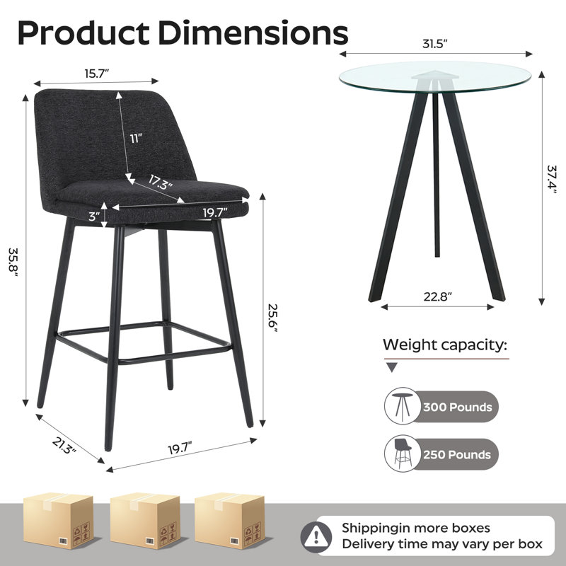 Modern 31.5'' Glass Round Bar Table with Stools Set, High Top Pub Table & 360° Swivel Linen Bar Stool, Black, Black