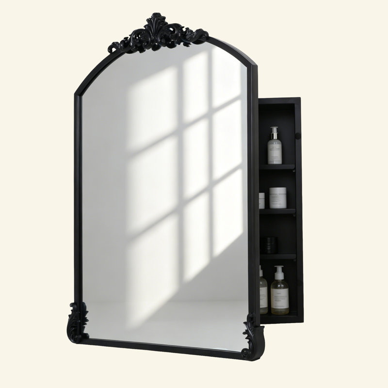 Pharmacie baroque en métal 32 po x 24 po avec miroir et ornements amovibles, H 32 po x l 24 po x P 5 po, Noir