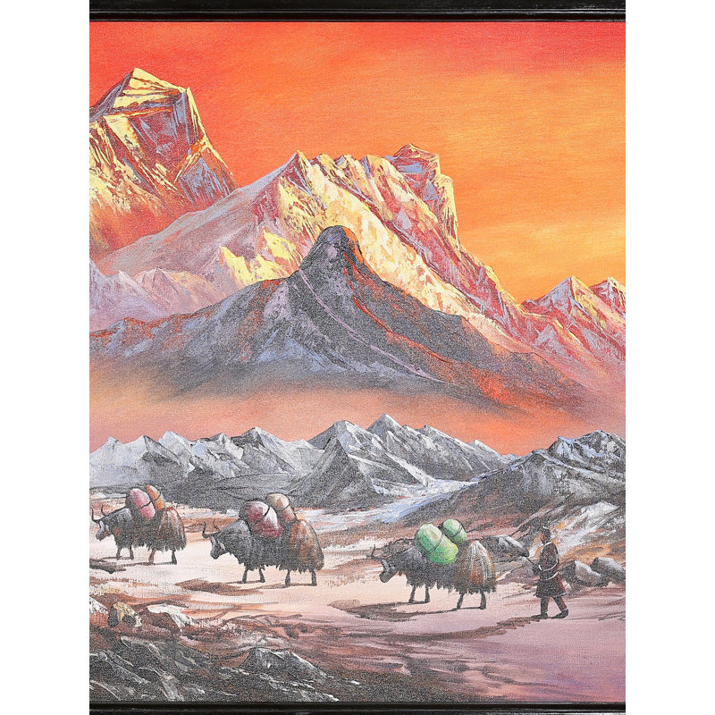 Marche de boeufs au coucher du soleil près du mont Everest | Huile sur toile | Avec cadre