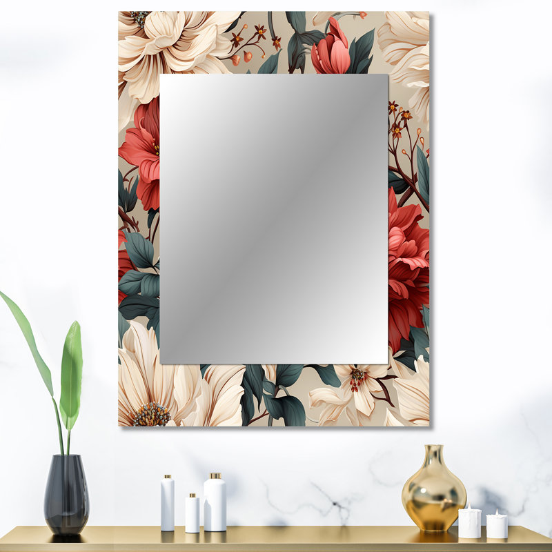 Clefa Vintage White Boho Floral Garden Delights - miroir floral, miroir mural décoratif floral, impression d'art en métal