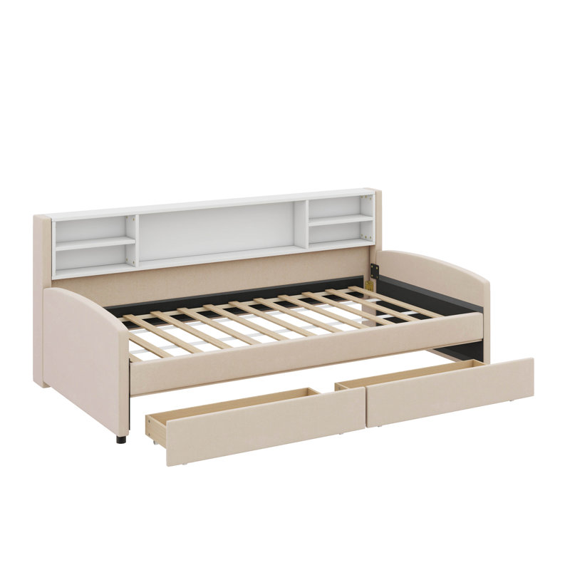 Lit plateforme simple tapissier avec tiroirs, Beige