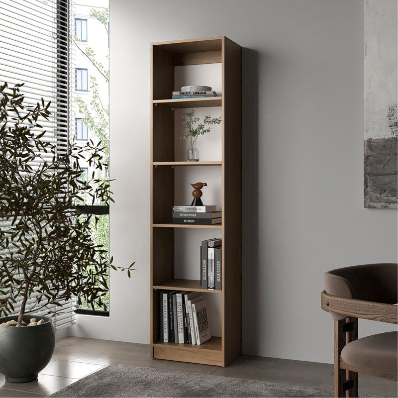 Bibliothèque en chêne naturel et blanc à 5 tablettes avec rangement ouvert, 71.7" H x 17.8" W x 11.8" D