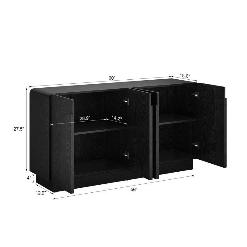 Buffet incurvé de 60 po avec tablette réglable et 4 portes, armoire de rangement avec poignées de porte en forme d'éventail pour la salle à manger, la cuisine, le salon