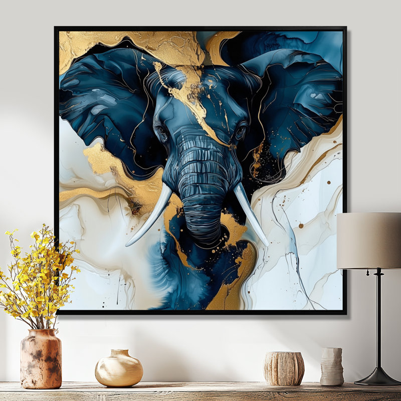 Glam Elephant Marble Giant I - Éléphant, art mural, H 16 po x l 16 po, Reproduction avec cadre flottant, Noir