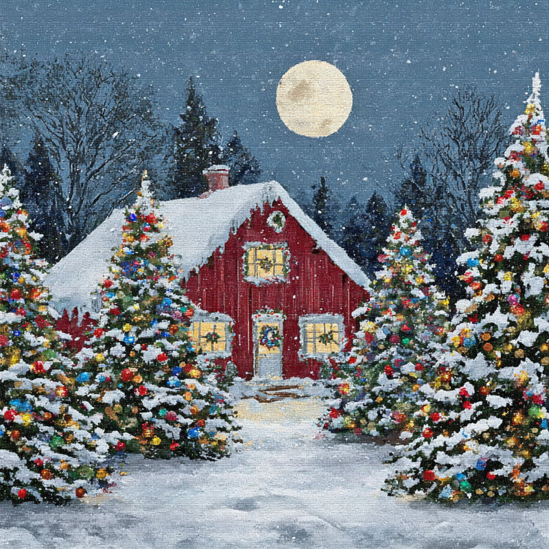 «Red Barn Holiday Trees», art mural sur toile tendue, H 12 po x l 12 po